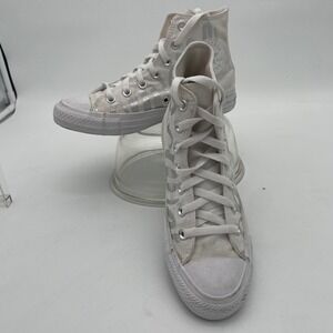 Converse All Star High Top Sneakers White‎ Silver Script Lettering Shoes Size 7